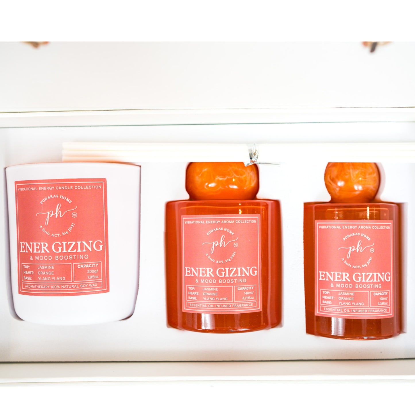 Bergamot Jasmine Ylang Ylang Candle -Room Spray - Reed Diffuser Gift Set For Energizing & Mood Boosting