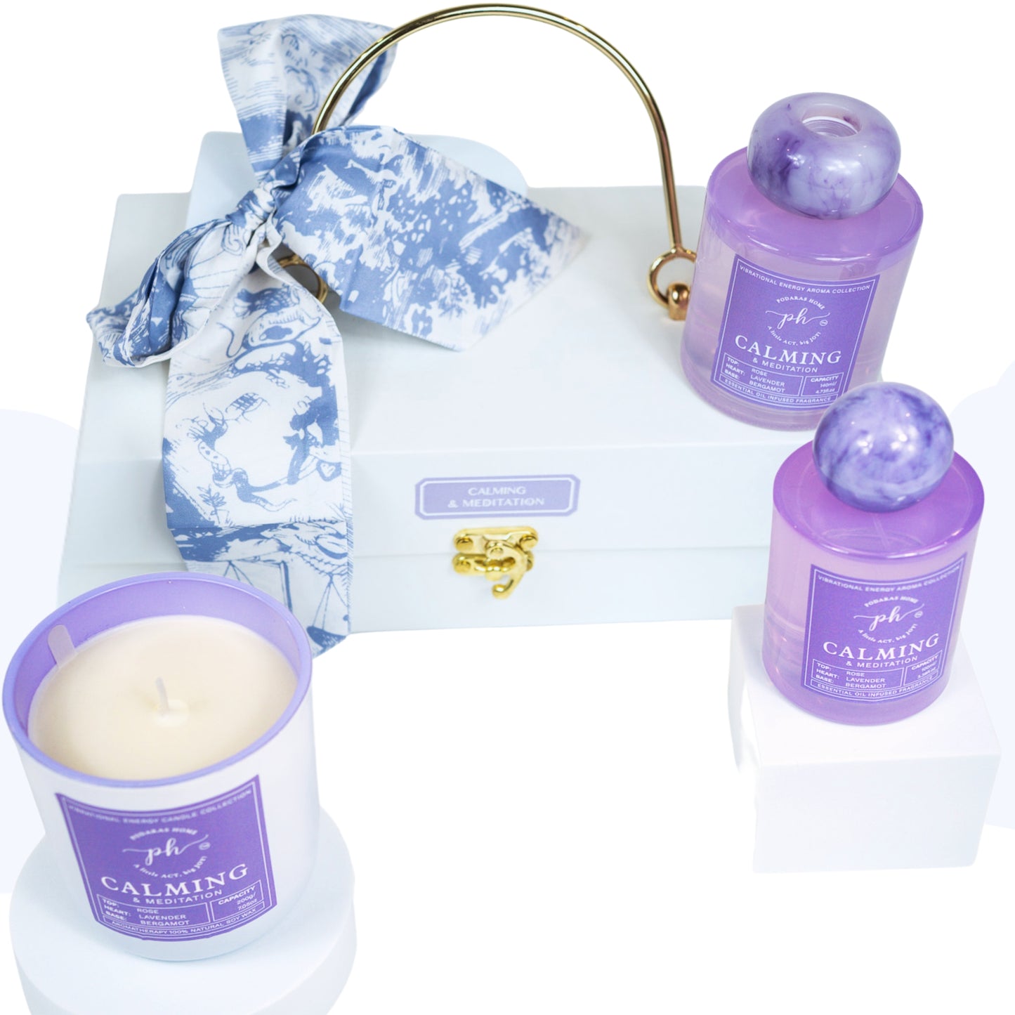 Lavender Jasmine Bergamot Candle - Room Spray - Reed Diffuser Gift Set For Calming and Mediation