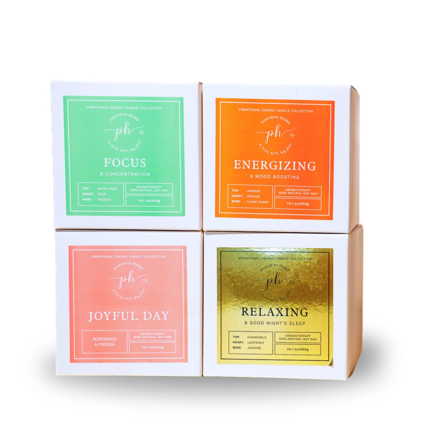 Set E: Gold – Pink – Green – Orange Candles***Luxury Vibrational Energy Candle Gift Box (4 Candles)