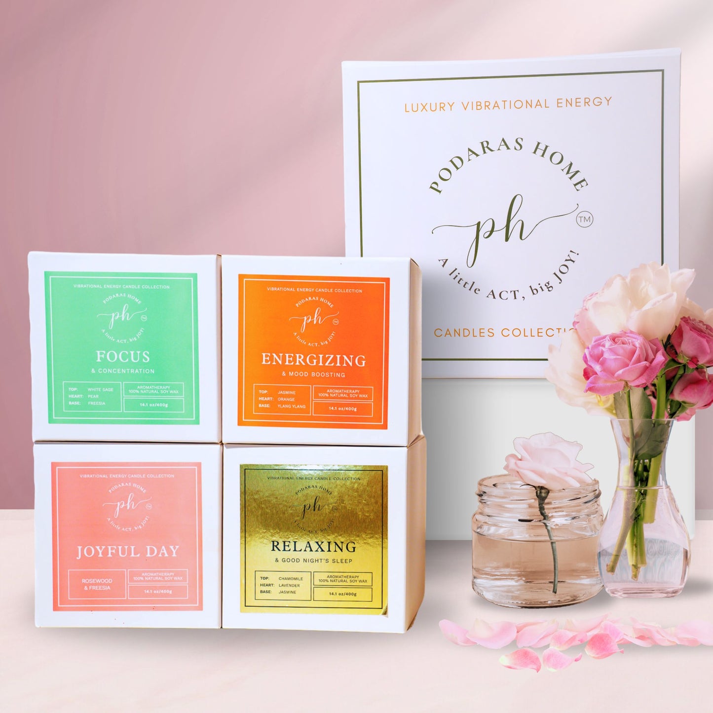 Set E: Gold – Pink – Green – Orange Candles***Luxury Vibrational Energy Candle Gift Box (4 Candles)