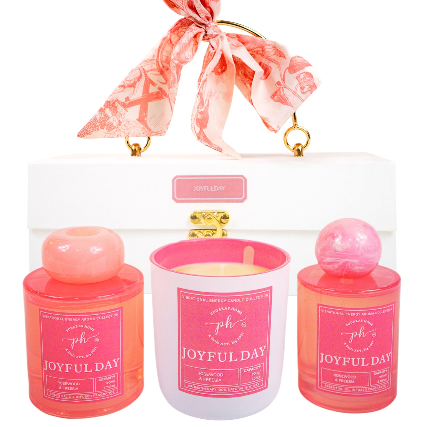 Rosewood & Freesia Candle -Room Spray - Reed Diffuser Gift Set For Joyful Day and Positivity