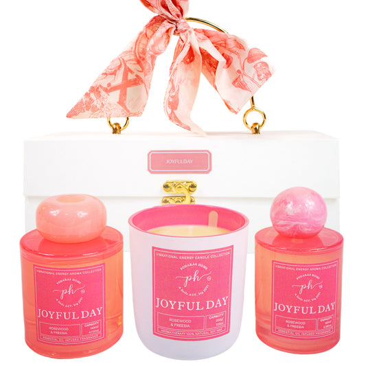Rosewood & Freesia Candle -Room Spray - Reed Diffuser Gift Set For Joyful Day and Positivity