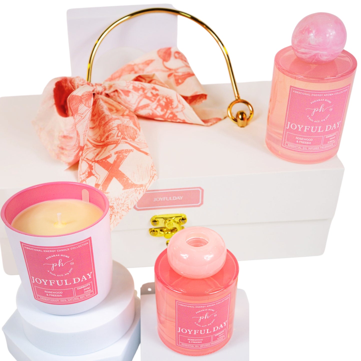 Rosewood & Freesia Candle -Room Spray - Reed Diffuser Gift Set For Joyful Day and Positivity