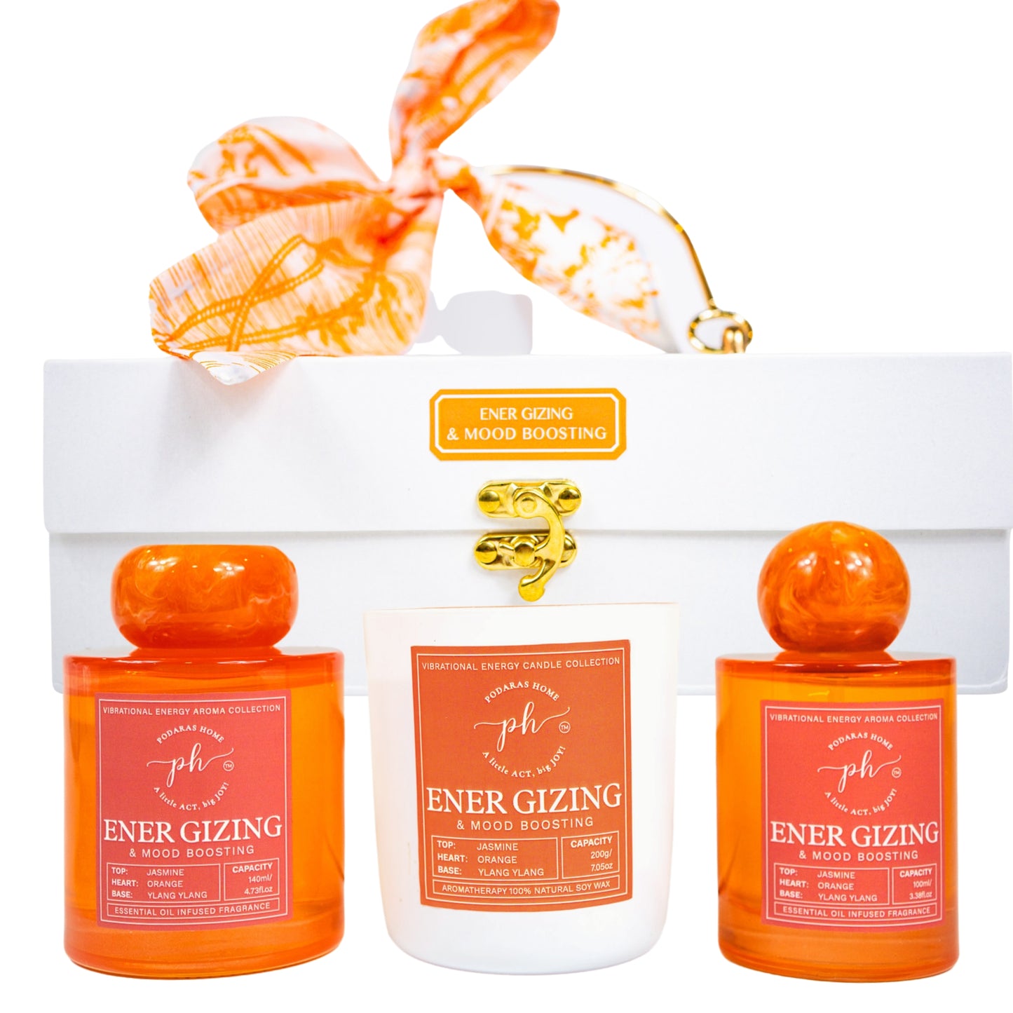 Bergamot Jasmine Ylang Ylang Candle -Room Spray - Reed Diffuser Gift Set For Energizing & Mood Boosting