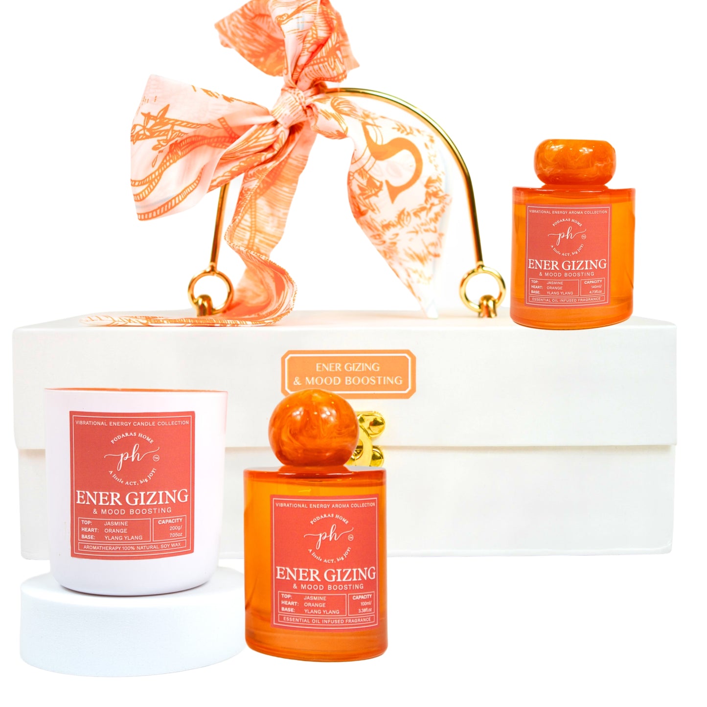 Bergamot Jasmine Ylang Ylang Candle -Room Spray - Reed Diffuser Gift Set For Energizing & Mood Boosting