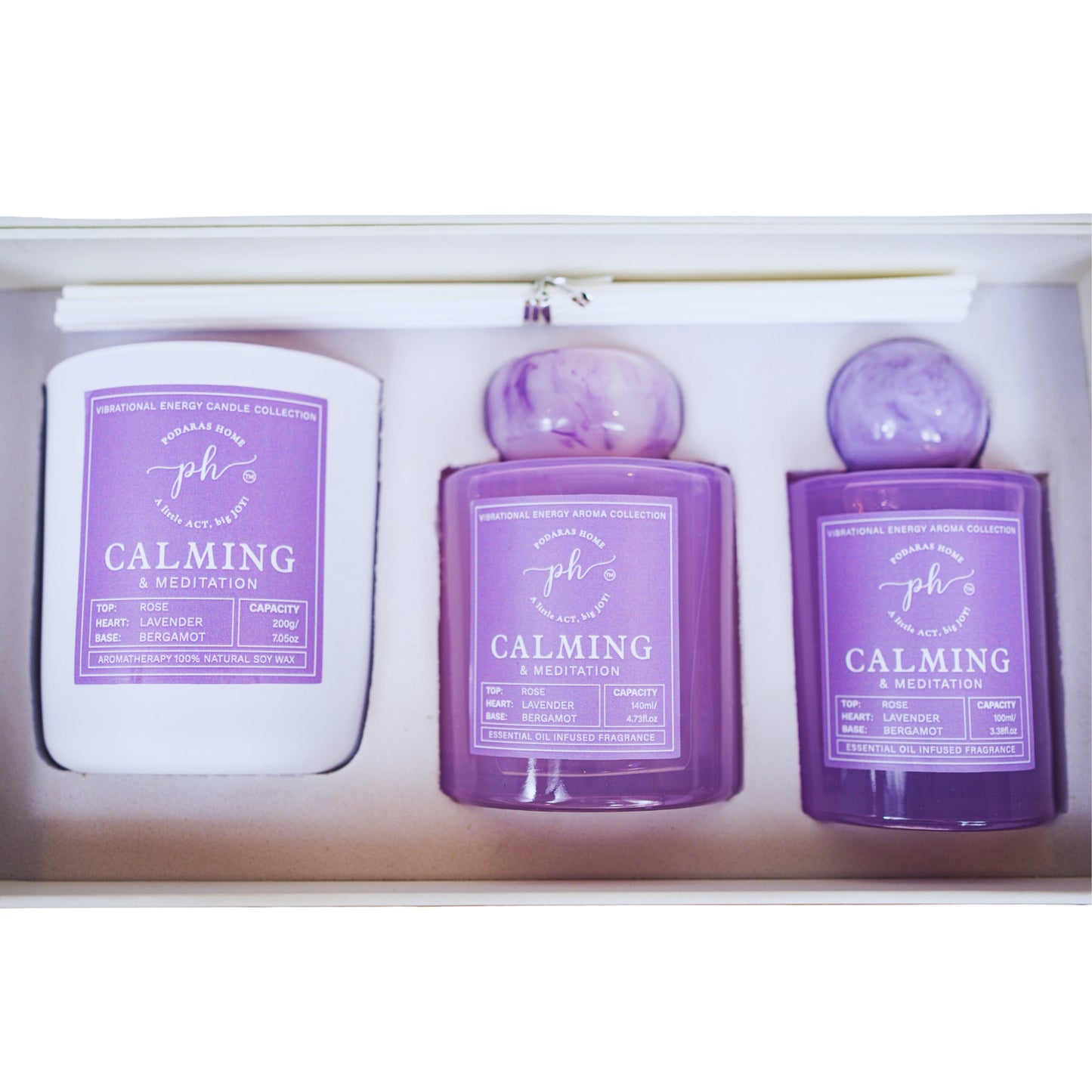 Lavender Jasmine Bergamot Candle - Room Spray - Reed Diffuser Gift Set For Calming and Mediation