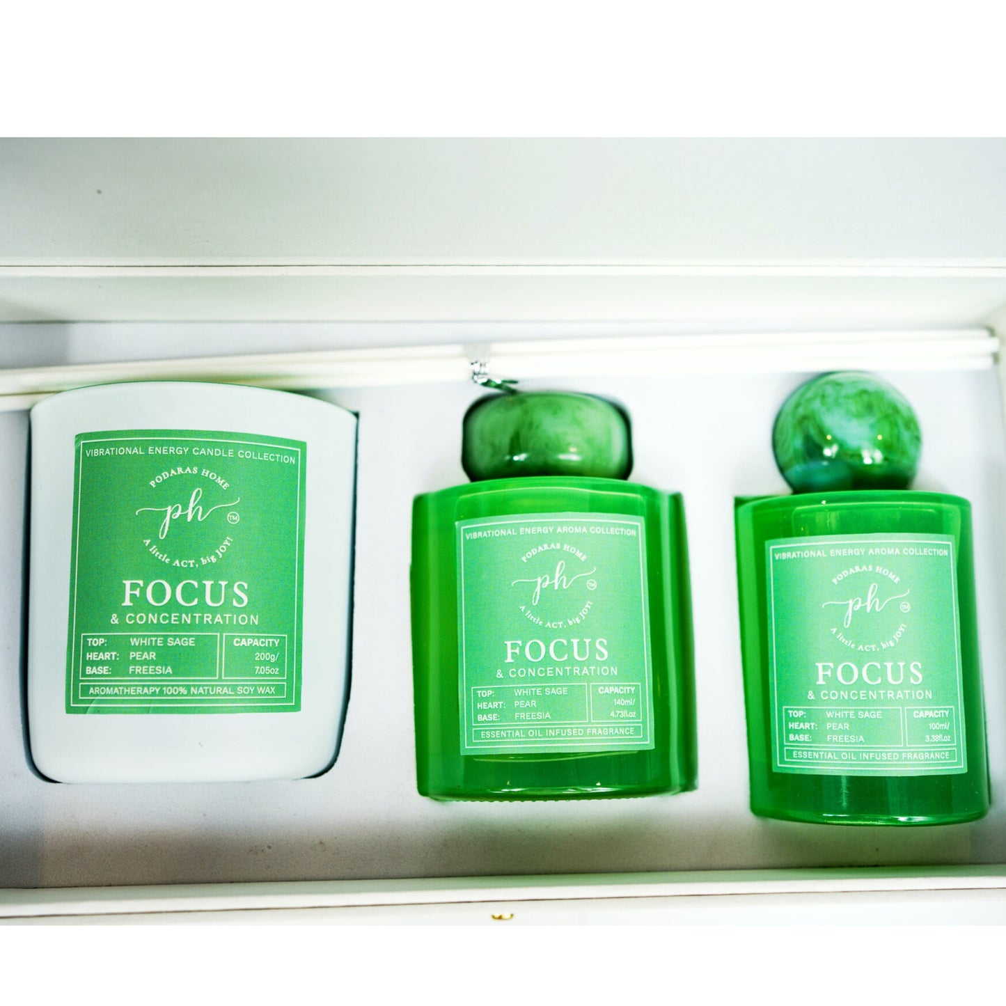 English Pear, Freesia & White Sage Candle -Room Spray - Reed Diffuser Gift Set For Focus & Concentration