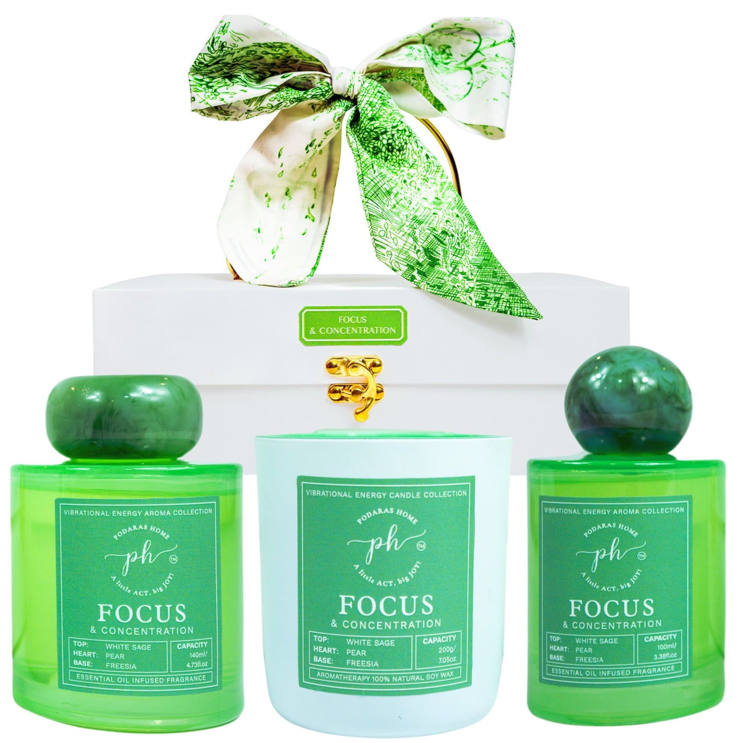 English Pear, Freesia & White Sage Candle -Room Spray - Reed Diffuser Gift Set For Focus & Concentration