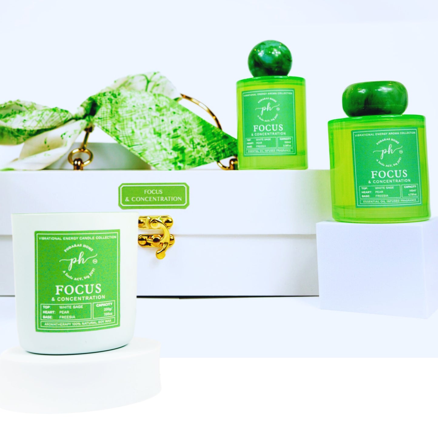 English Pear, Freesia & White Sage Candle -Room Spray - Reed Diffuser Gift Set For Focus & Concentration