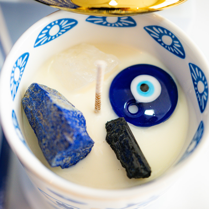 Evil Eye Protection Candle with Crystals - Certified Organic Soy Wax + Therapeutic Essential Oils