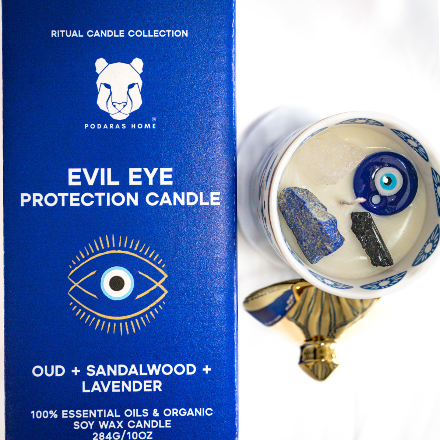 Evil Eye Protection Candle with Crystals - Certified Organic Soy Wax + Therapeutic Essential Oils