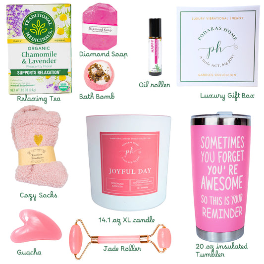 Women’s Self Care – Spa Gift Box with Joyful Day For Bliss and Positivity Candle